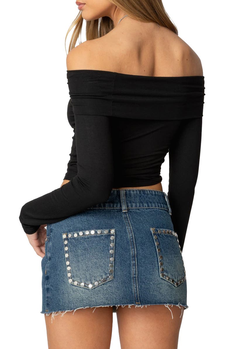 EDIKTED Off the Shoulder Lace Up Crop Top, Alternate, color, Black