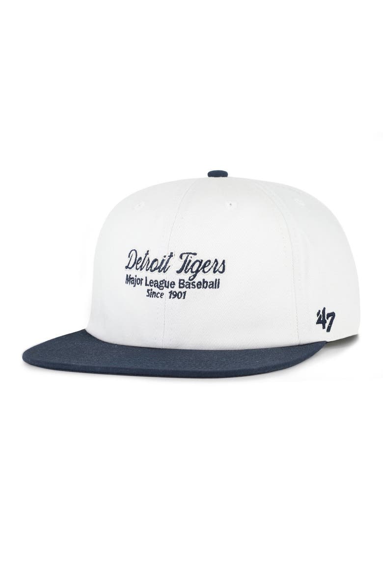 Men's '47 White/Navy Detroit Tigers Script Stack Relaxed Captain Snapback, Alternate, color, White