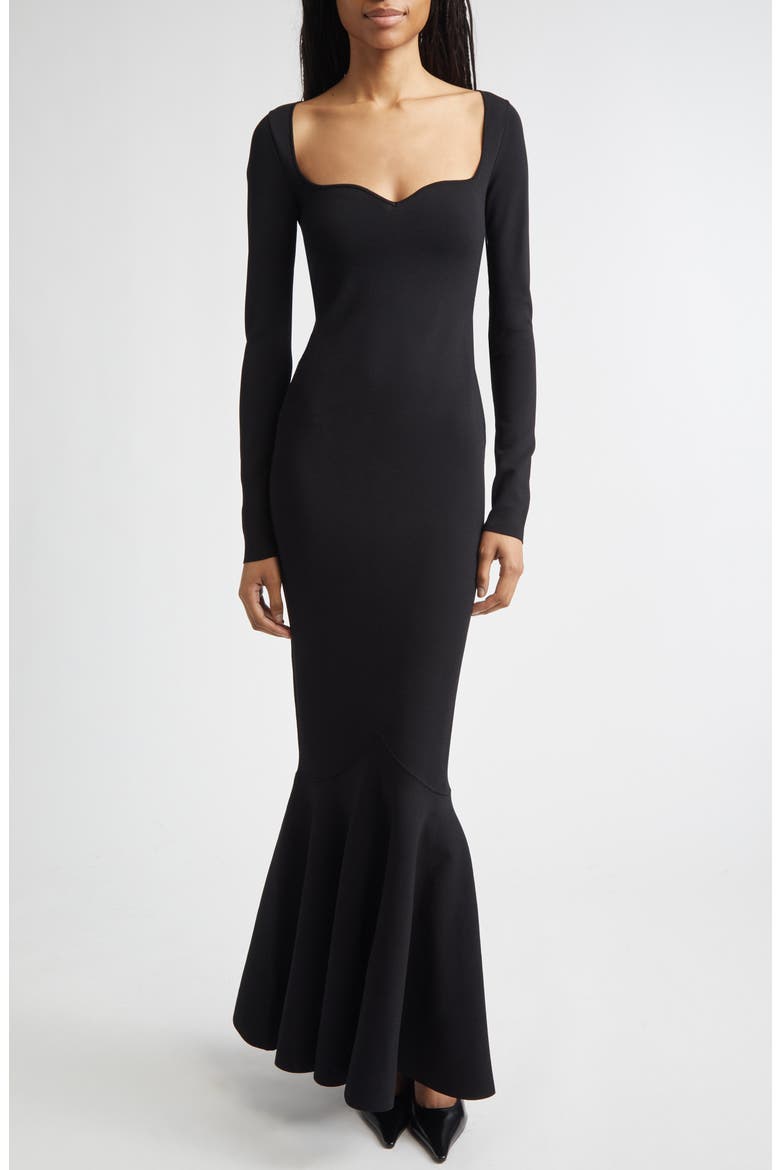 Long Sleeve Compact Knit Mermaid Gown, Main, color, BLACK
