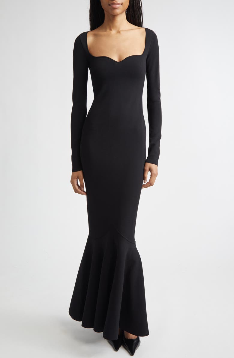 Stella McCartney Long Sleeve Compact Knit Mermaid Gown, Main, color, Black