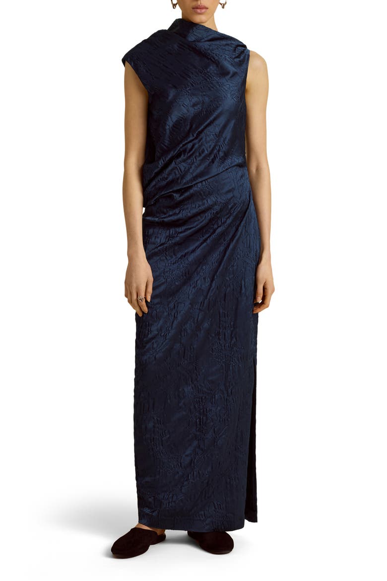 Column Dress w/ Asymmetric Drape, Alternate, color, Navy
