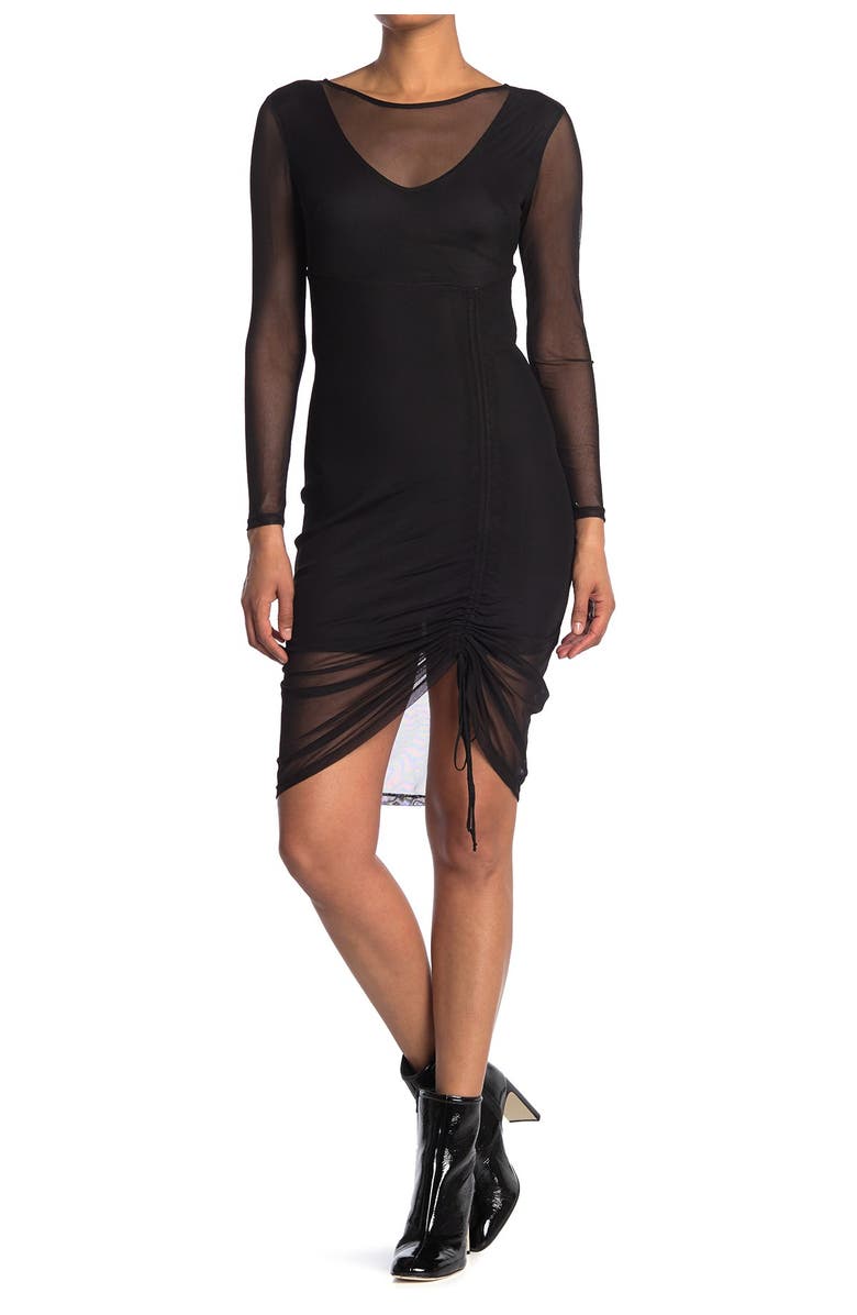 bebe Mesh Long Sleeve Side Tie Dress, Main, color,