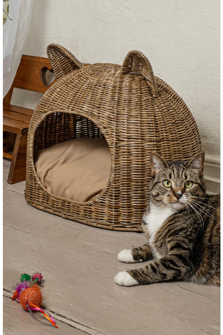 Cat Ear Water Hyacinth Pet Bed with Machine-Washable Cushion, Alternate, color, Natural