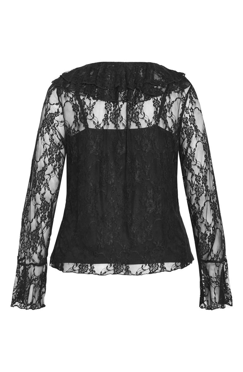 City Chic Lacie Ruffle Long Sleeve Lace Top, Alternate, color, Black Lace