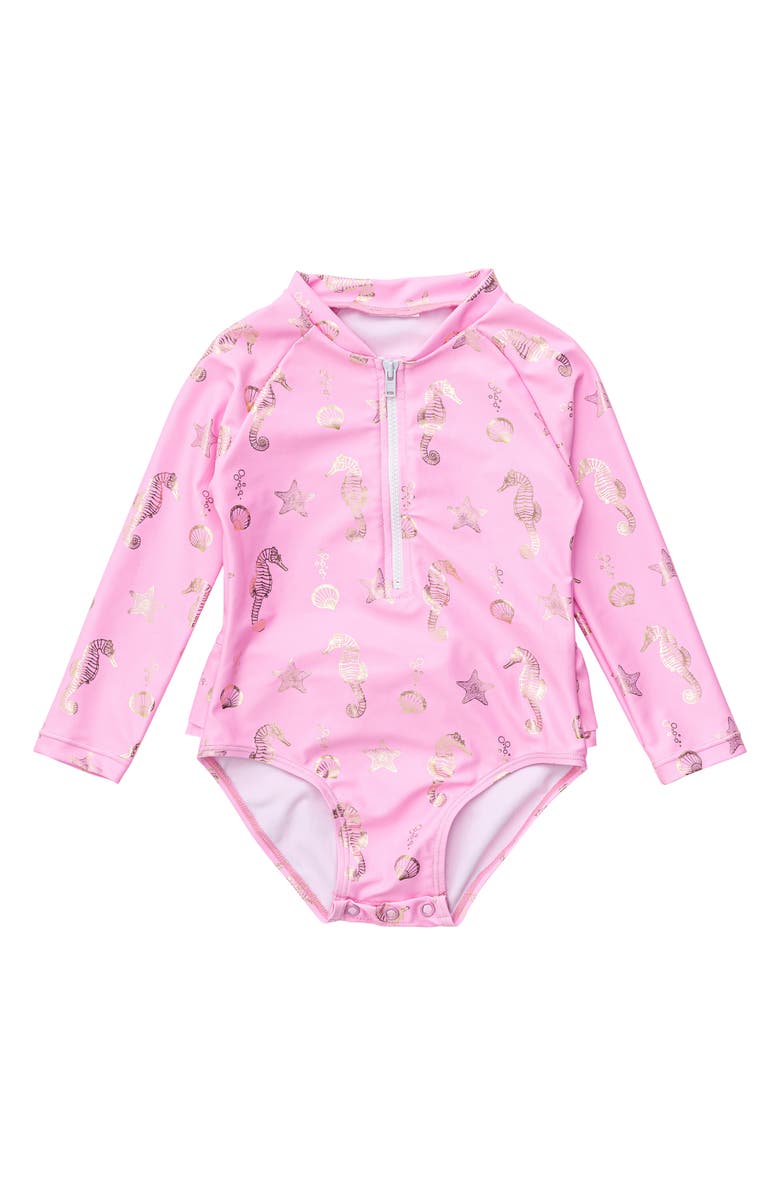 Snapper Rock Seahorse Sparkle Long Sleeve Rashguard Swimsuit, Main, color,