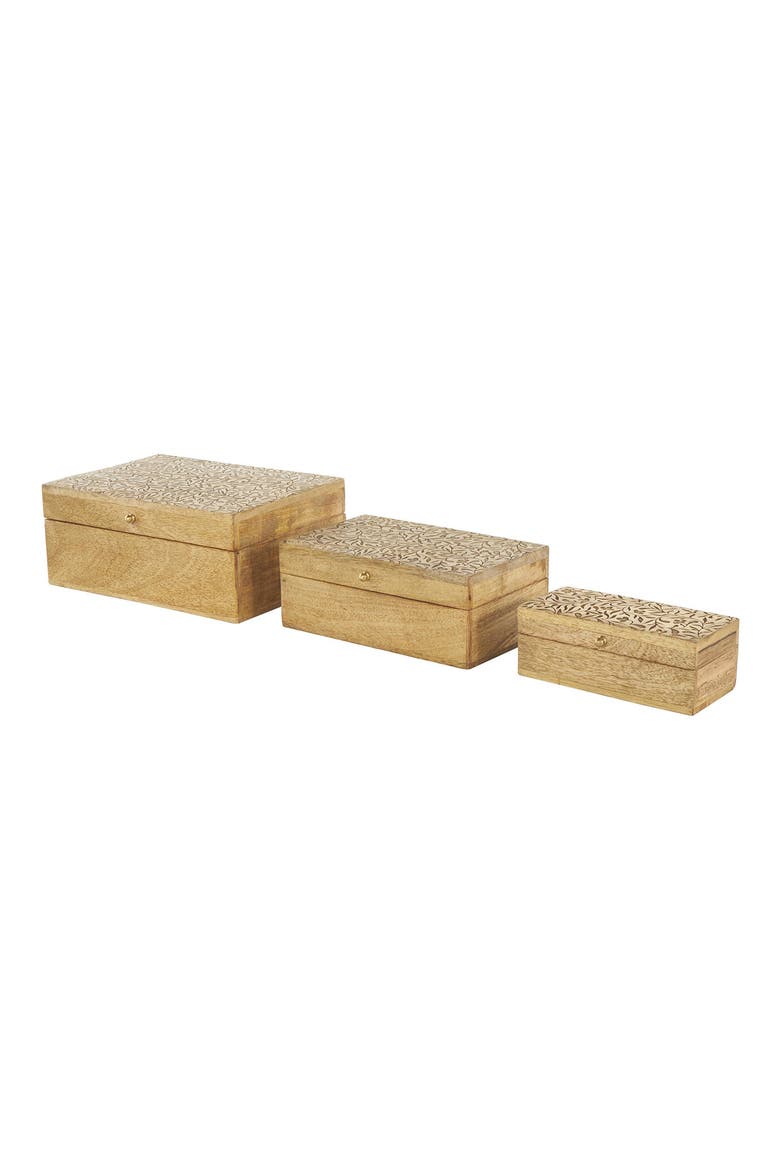 Set of Three Hand Carved Storage Boxes, Main, color, BROWN