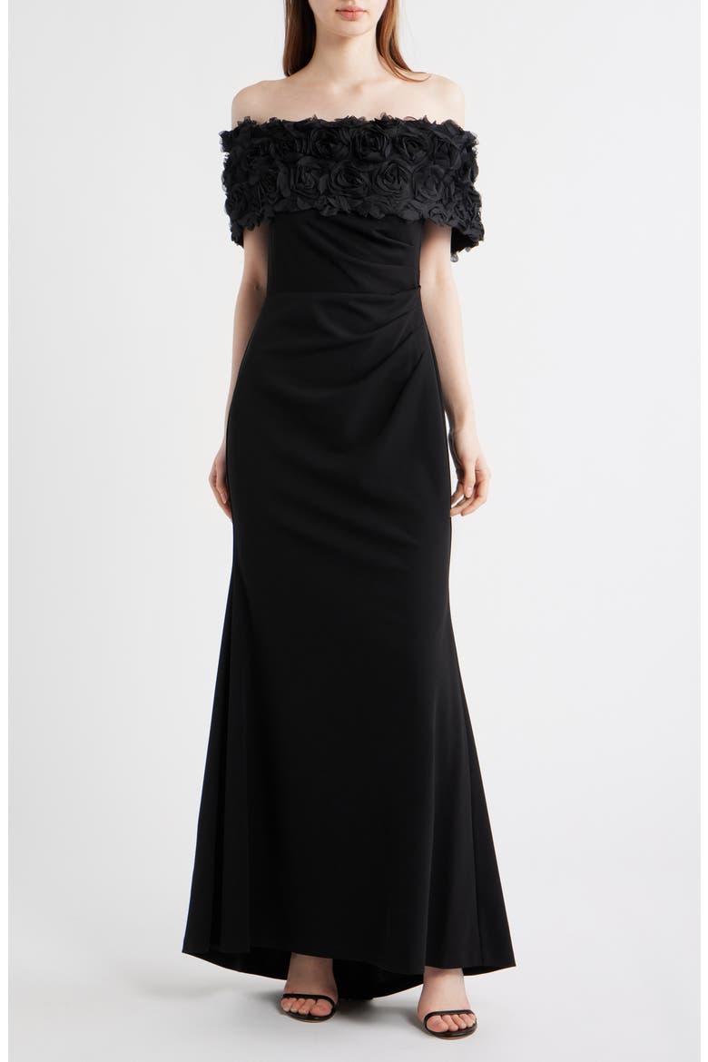Rosette Detail Off the Shoulder Gown, Main, color, BLACK