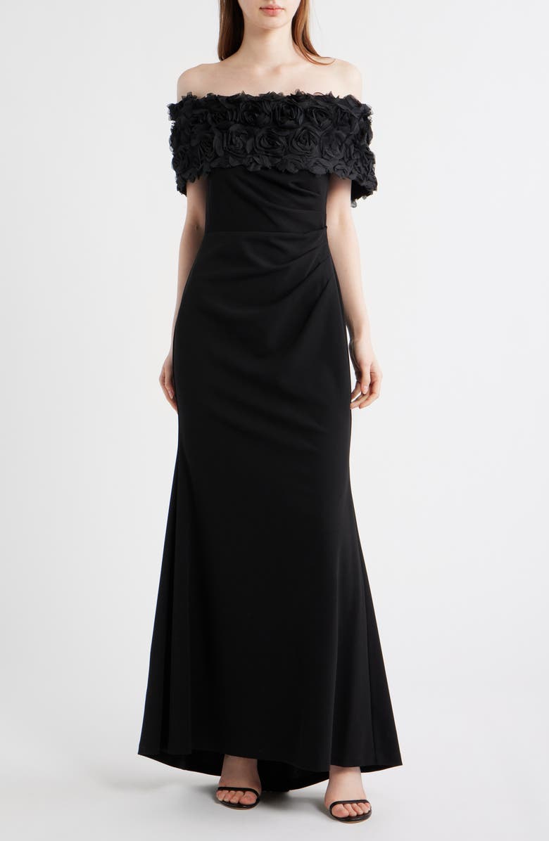 Eliza J Rosette Detail Off the Shoulder Gown, Main, color, Black