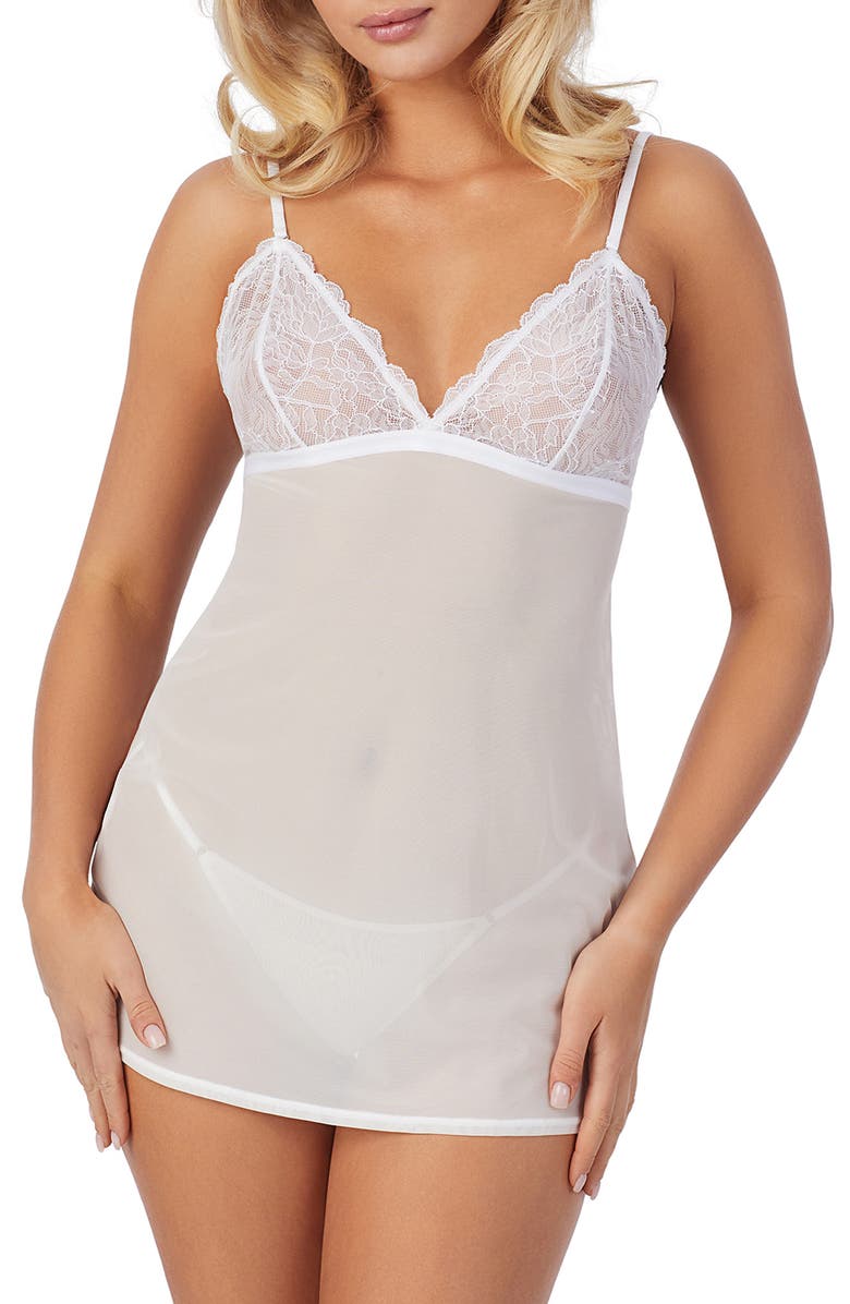 On Gossamer Luxe Lace Chemise & Thong Set, Main, color, White