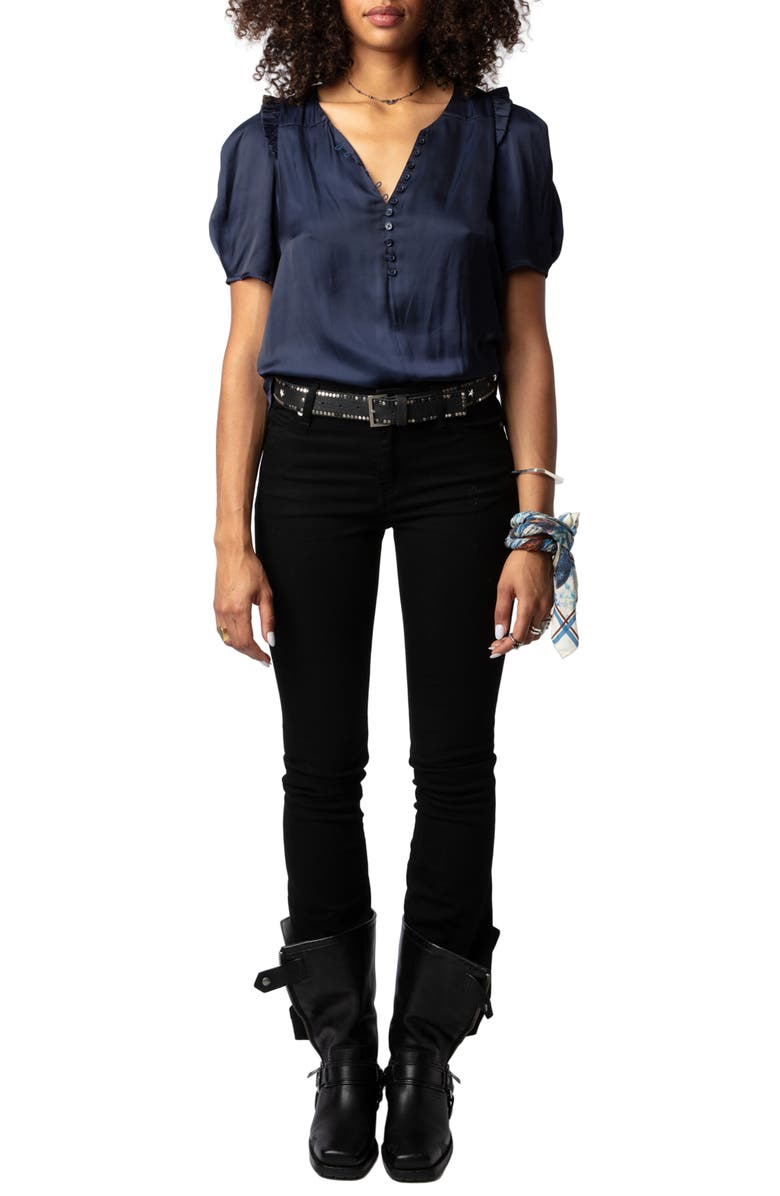 Zadig & Voltaire Twisty Satin Ruffle Top, Alternate, color, Sailor