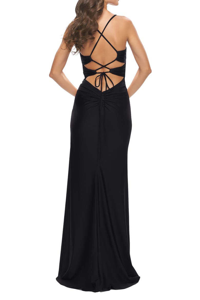Jersey Long Prom Dress with Trendy Waist Cut Outs, Alternate, color, BLACK