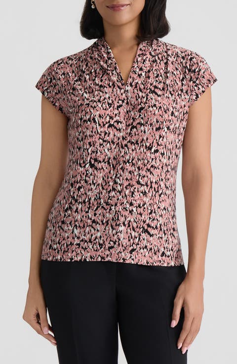 Abstract Print Funnel Neck Knit Top