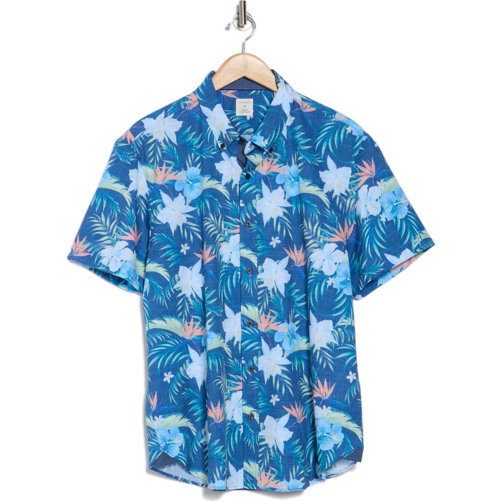 Construct Tropical Floral Short Sleeve Stretch Button-down Shirt In Navy