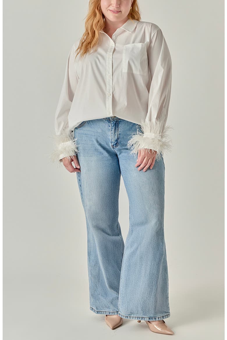 Faux Feather Trim Pointed Collar Shirt, Alternate, color, WHITE