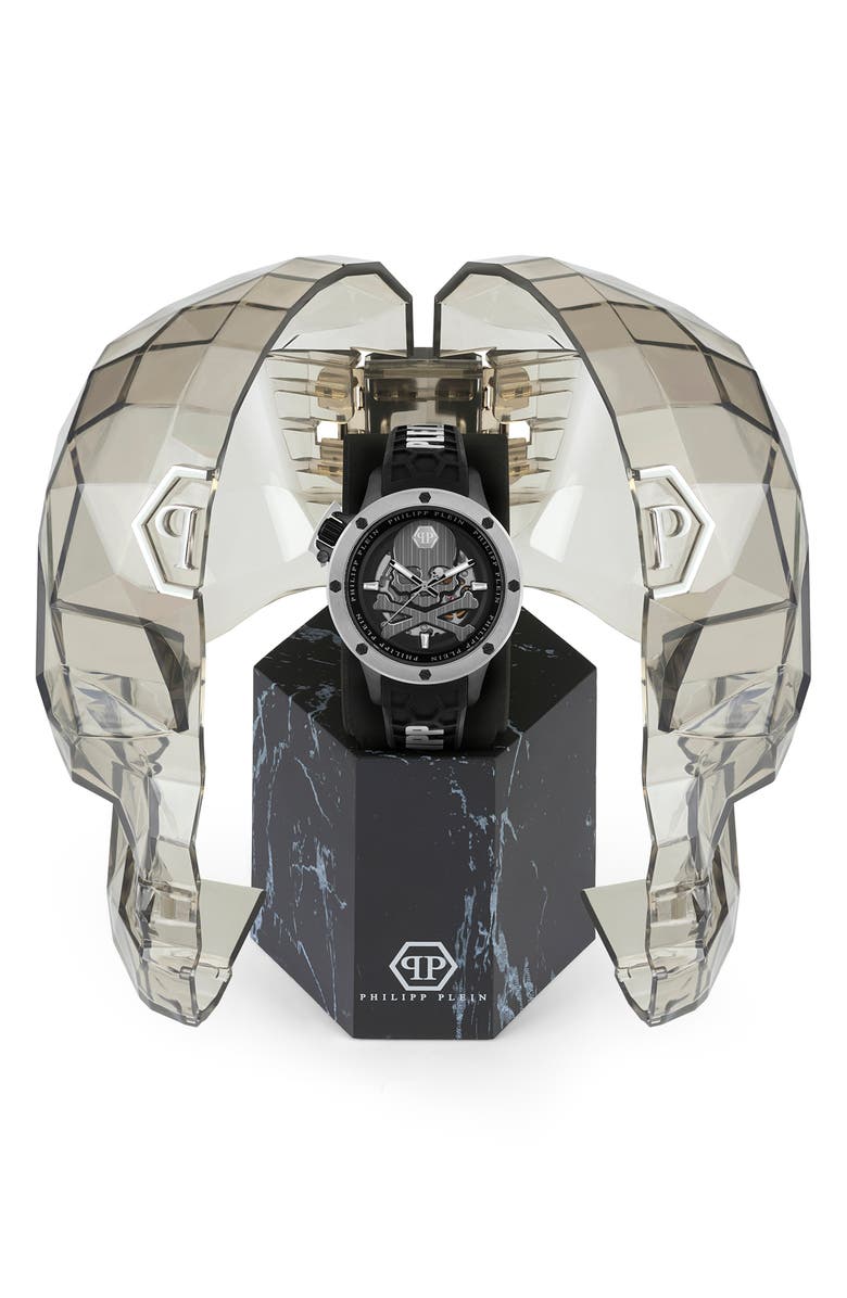 PHILIPP PLEIN Rich Skeleton Silicone Strap Watch, 46mm, Alternate, color, Stainless Steel