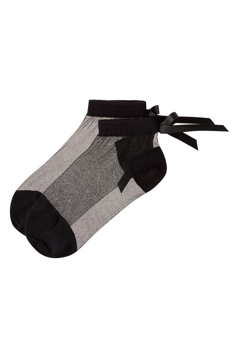 Silky-Sheer Micro-Mesh Ankle Sock with Satin Bow, Alternate, color, Black