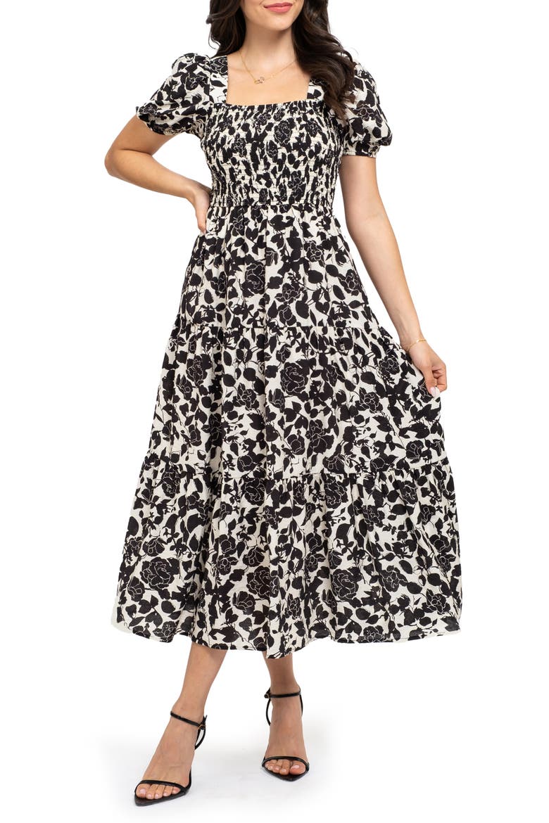 Floral Puff Sleeve Smocked Midi Dress, Main, color, BLACK MULTI