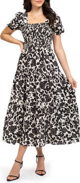 AUGUST SKY Puff Sleeve Smocked Midi Dress