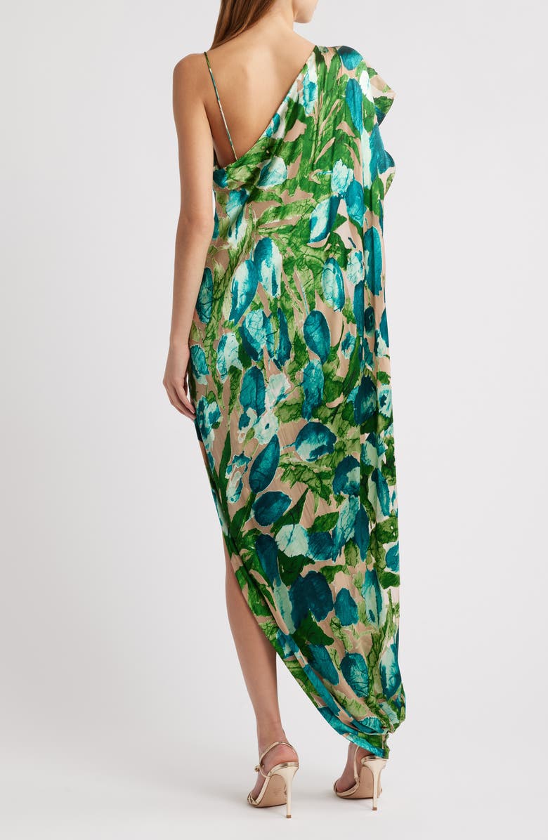 Cult Gaia Iker Asymmetric Neck Leaf Print Jacquard Silk Blend Gown, Alternate, color, 