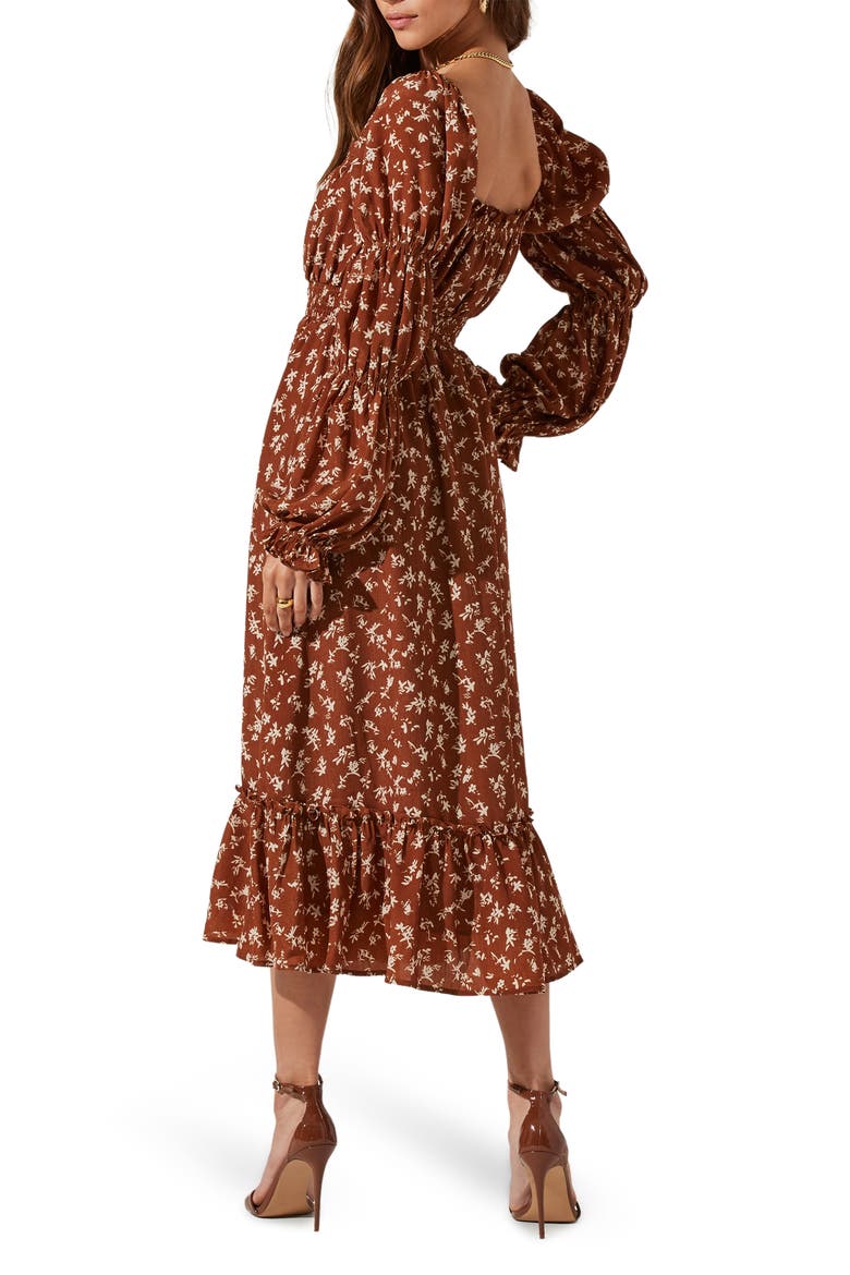 Astr Floral Cinched Long Sleeve Midi Peasant Dress, Alternate, color, CARAMEL FLORAL