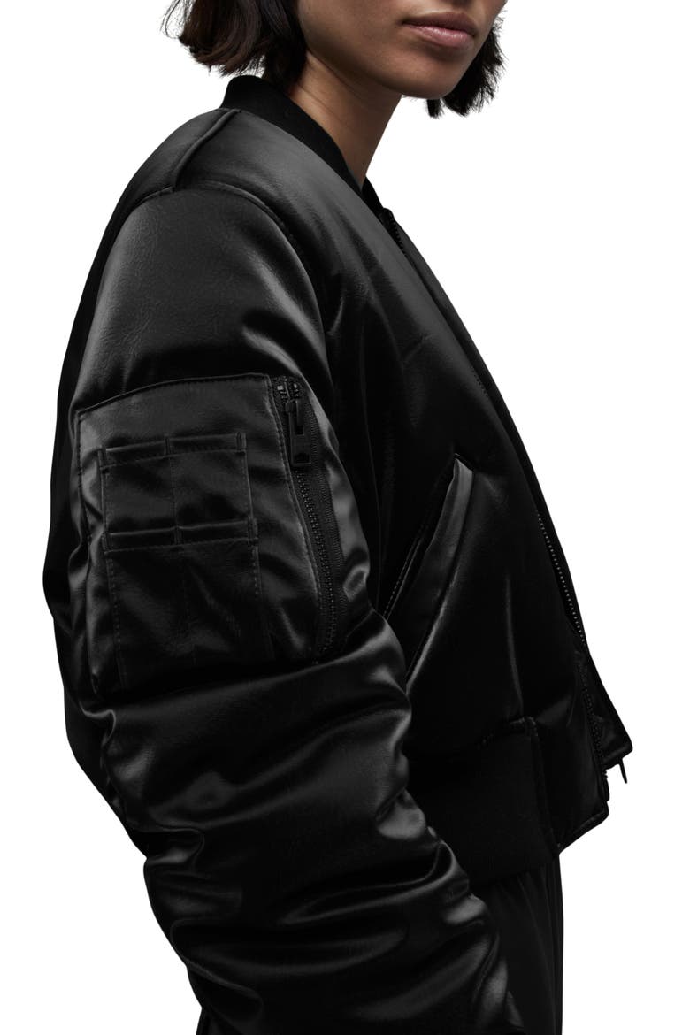 Callie Shine Crop Faux Leather Bomber Jacket, Alternate, color, BLACK