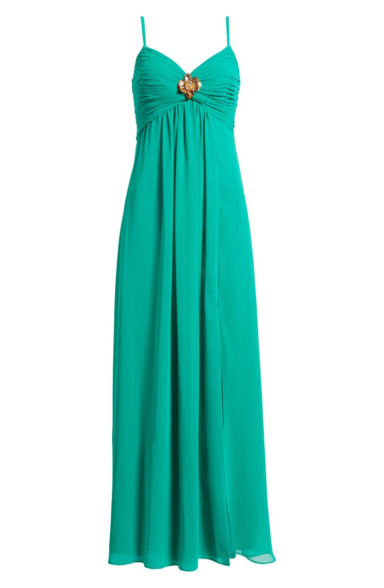 Eliza J Pleated Chiffon Gown with Scarf, Alternate, color, Jade
