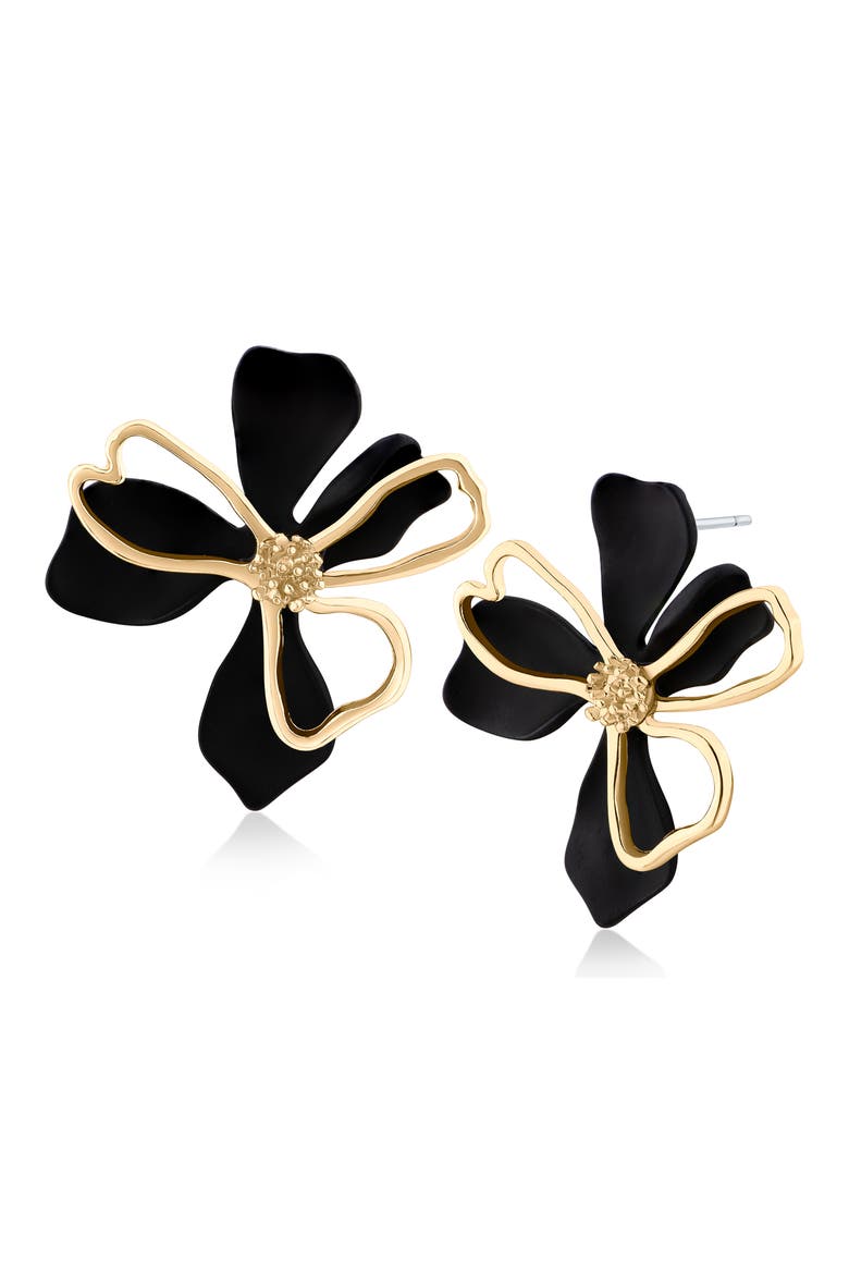 3D Double Flower Stud Earrings (Nordstrom Exclusive), Main, color, BLACK/ GOLD