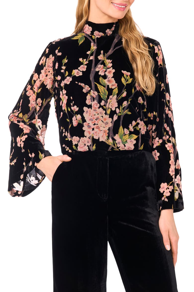 Nelle Floral Flare Sleeve Mock Neck Top, Main, color, RICH BLACK