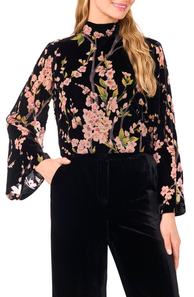 Ted Baker Nelle Floral Flare Sleeve Mock Neck Top, Main, color, Rich Black