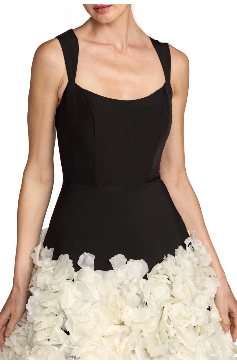 Mac Duggal Sleeveless A Line Crepe Midi Dress With Floral Hem, Alternate, color, Black Cream