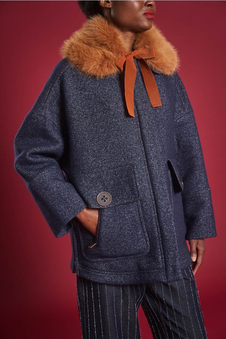 Double Coat In Jeans Look With Fake Fur Collar, Alternate, color, Denim Blue