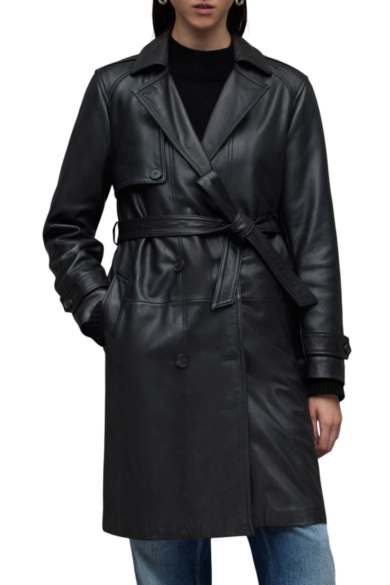 Okena Leather Trench Coat, Main, color, BLACK