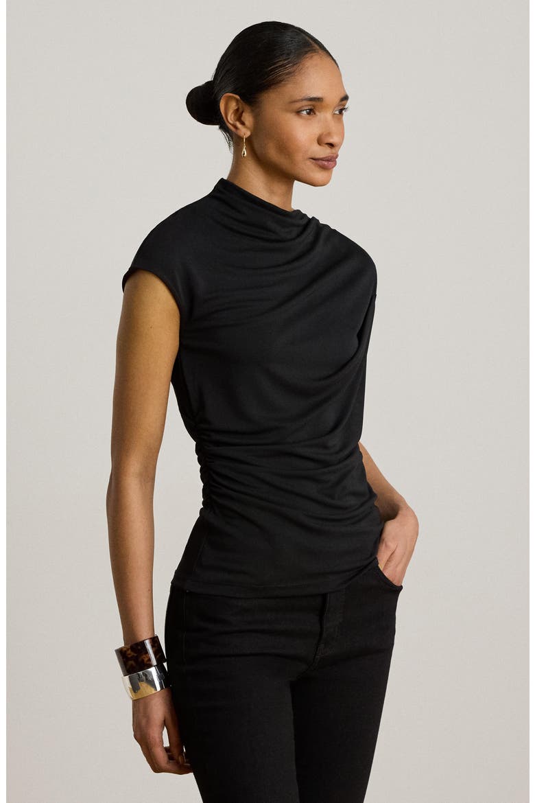 Matte Jersey Asymmetric Sleeve Top, Alternate, color, BLACK