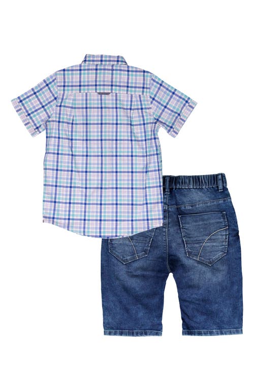 Joe's Check Short Sleeve Button-up Shirt & Denim Shorts Set In Aqua