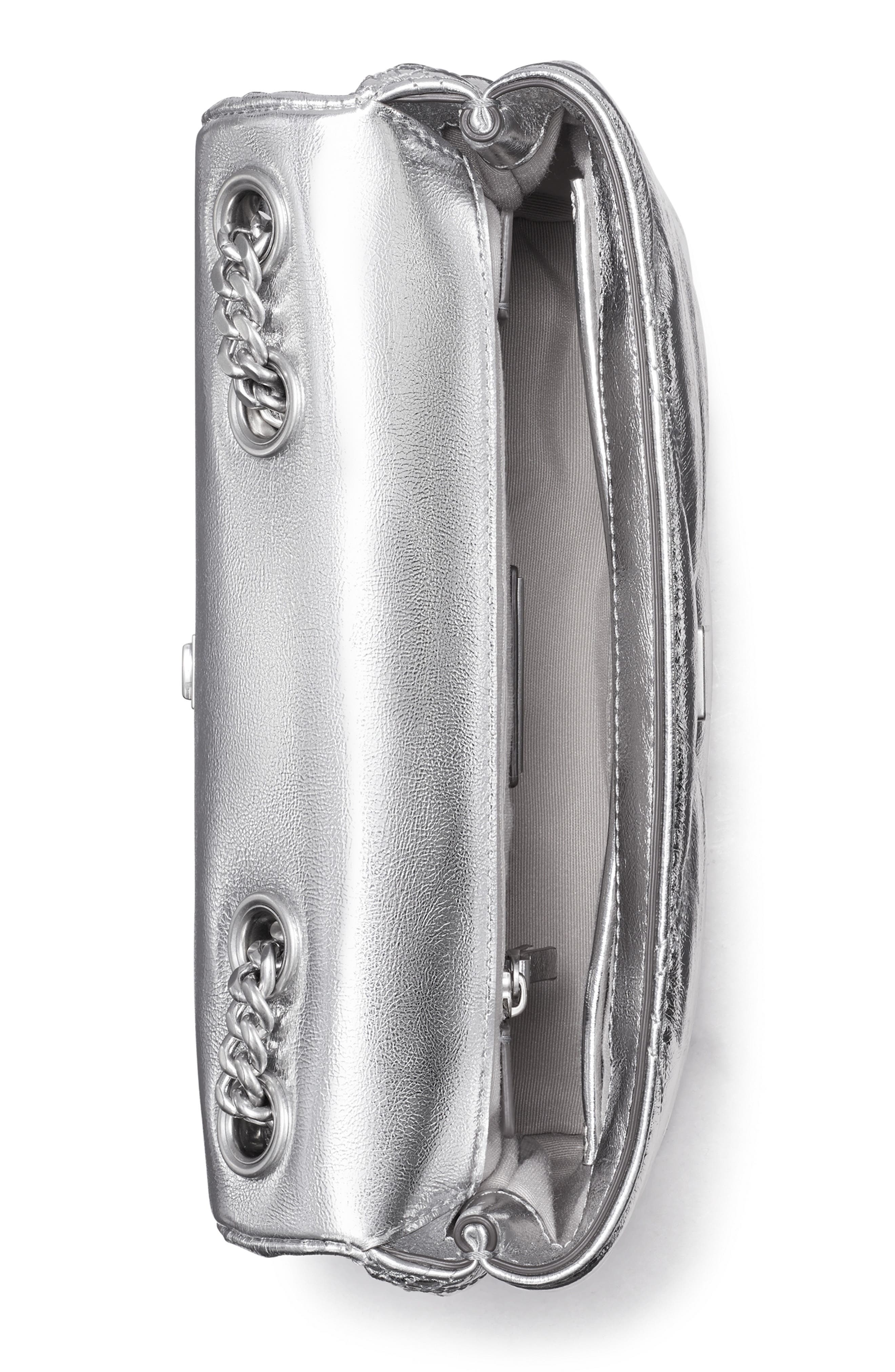 Tory Burch Small Kira Quilted Metallic Leather Shoulder Bag, Alternate, color, Silver
