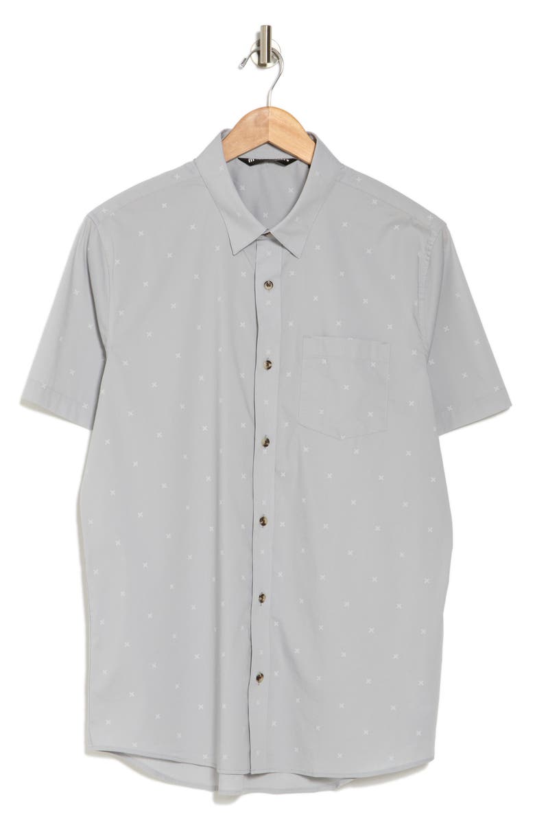 TravisMathew Across the Pond Geo Print Short Sleeve Stretch Button-Up Shirt, Alternate, color, Heather Sleet