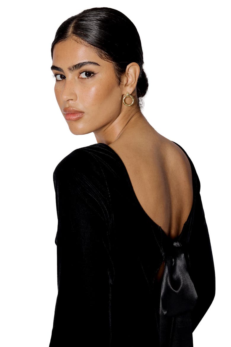 Joelle Bow Back Long Sleeve Velvet Minidress, Alternate, color, BLACK