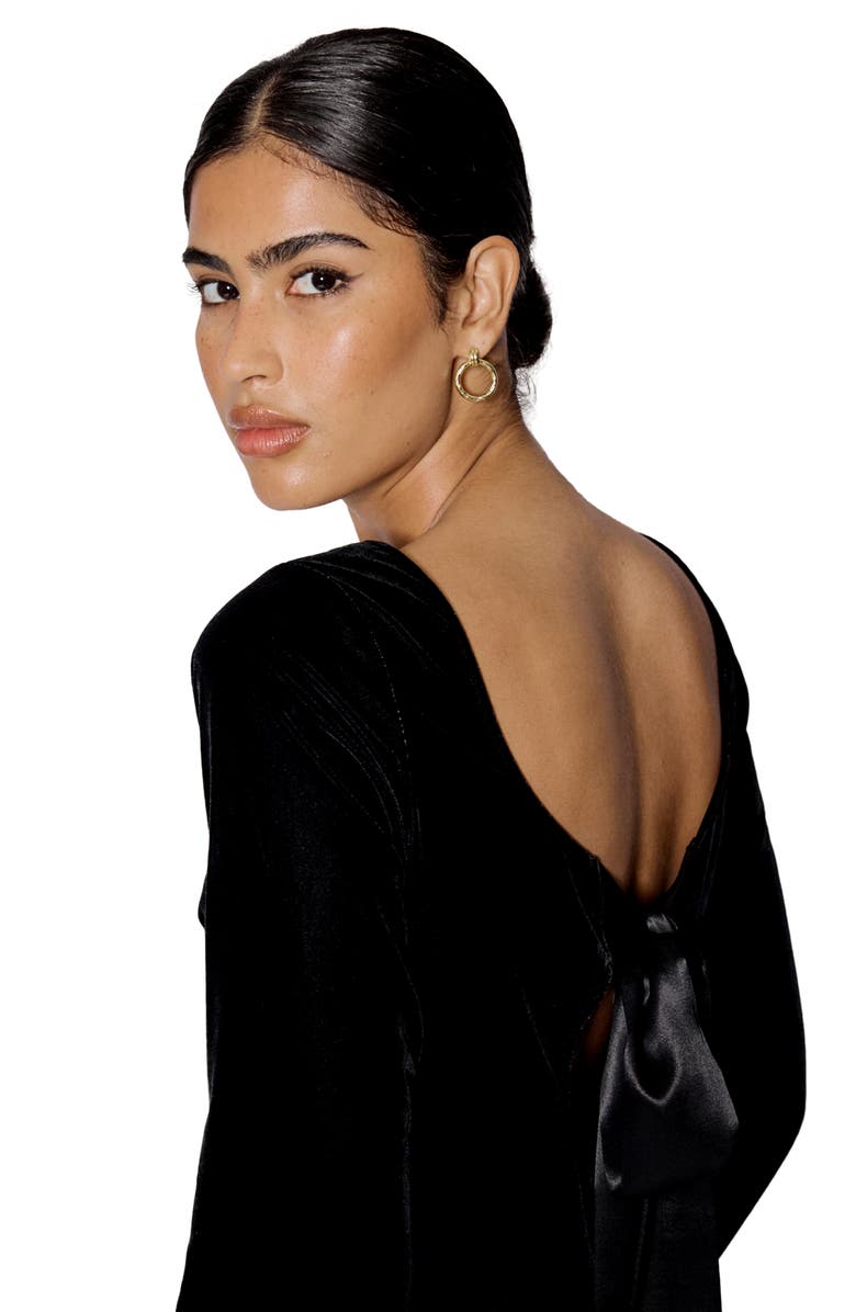 Nobody's Child Joelle Bow Back Long Sleeve Velvet Minidress, Alternate, color, Black