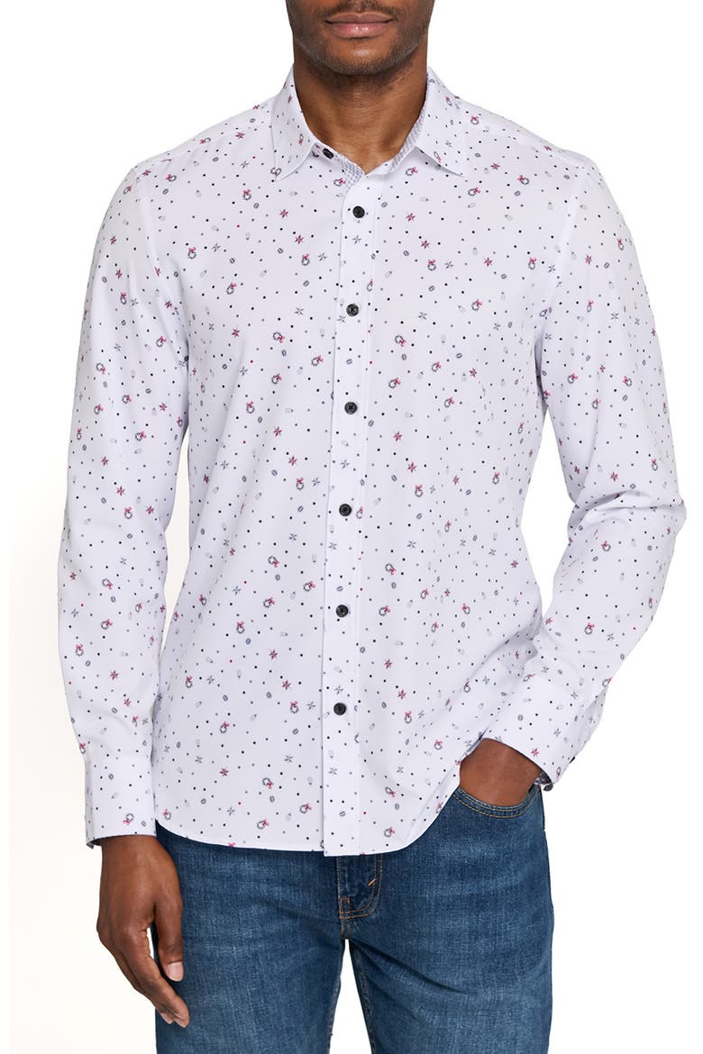Wreath And Ornament Woven Long Sleeve Basic, Main, color, WHITE/RED