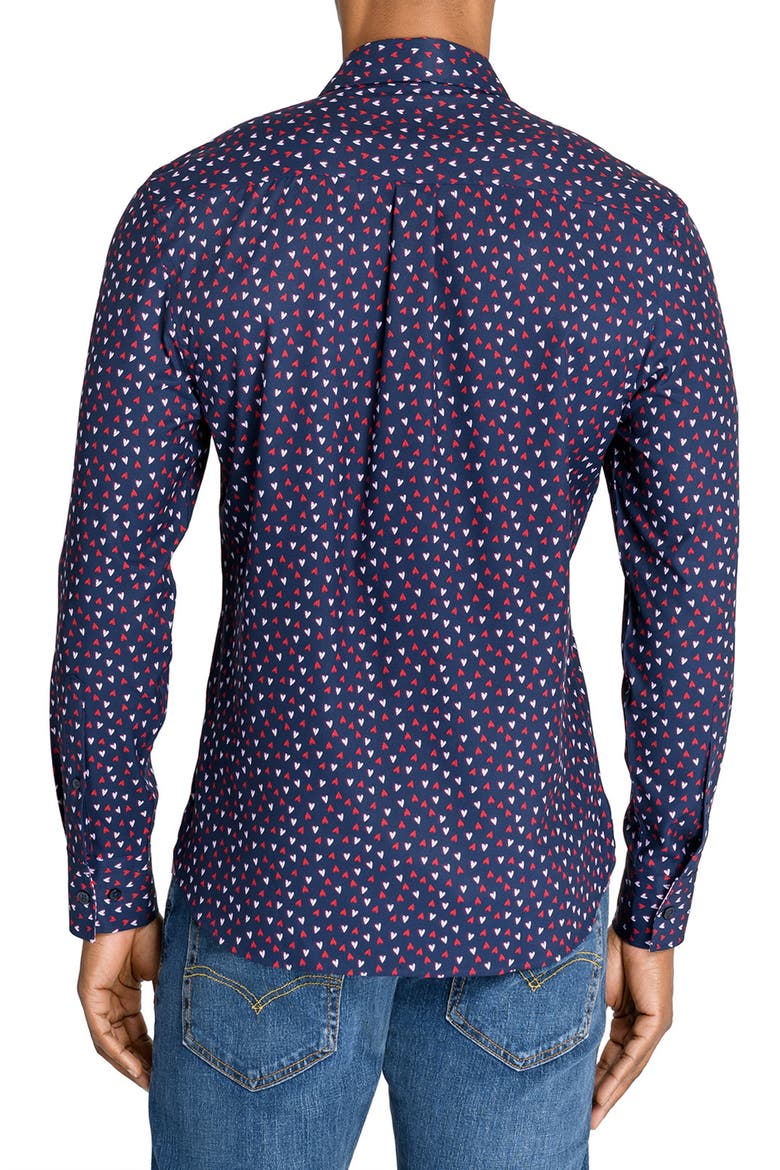 Slim Fit Mini Hearts Recycled 4-Way Stretch Performance Long Sleeve Shirt, Alternate, color, NAVY/RED