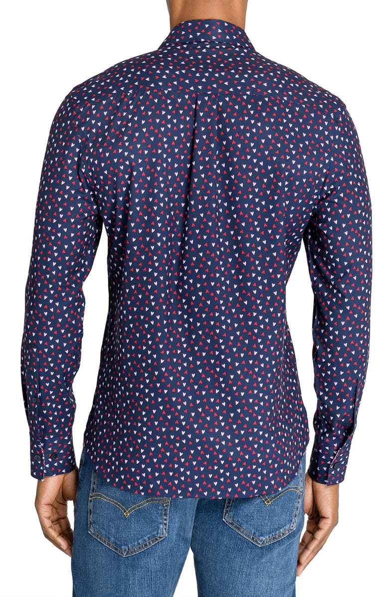 CONSTRUCT Slim Fit Mini Hearts Recycled 4-Way Stretch Performance Long Sleeve Shirt, Alternate, color, Navy/Red