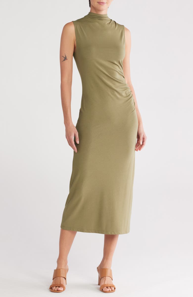 Vince Turtleneck Sleeveless Ruched Sweater Dress, Main, color, Artichoke