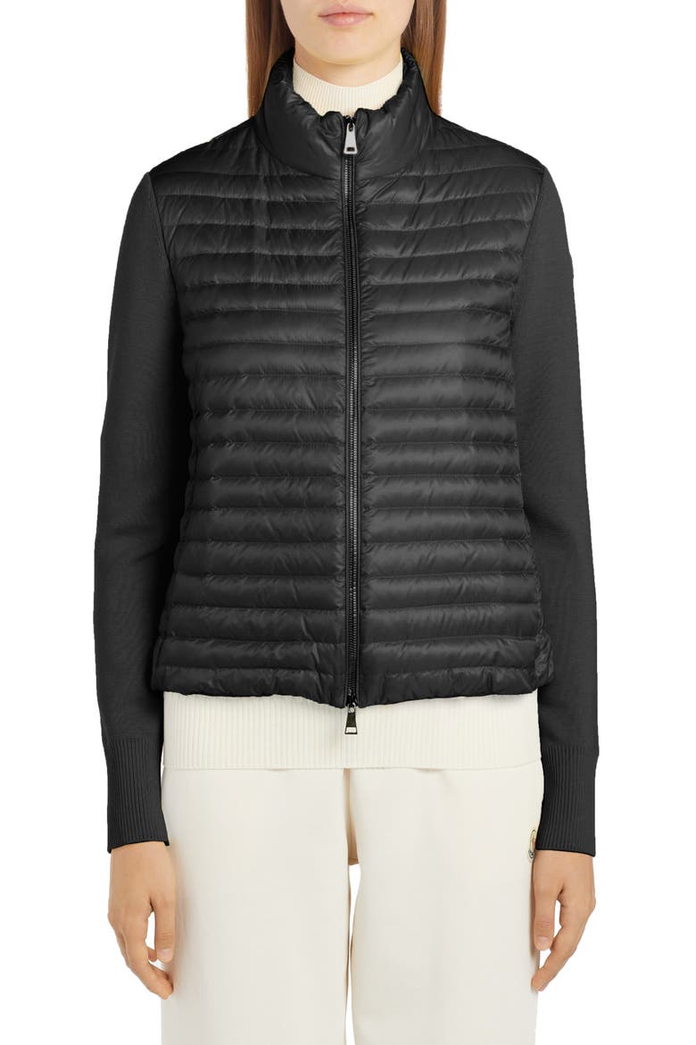 Quilted Down & Knit Cardigan, Main, color, BLACK