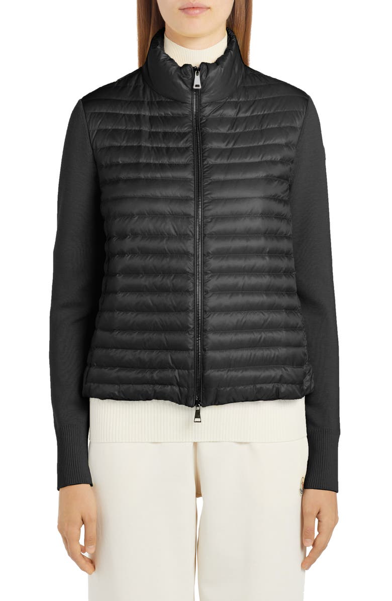 Moncler Quilted Down & Knit Cardigan, Main, color, 