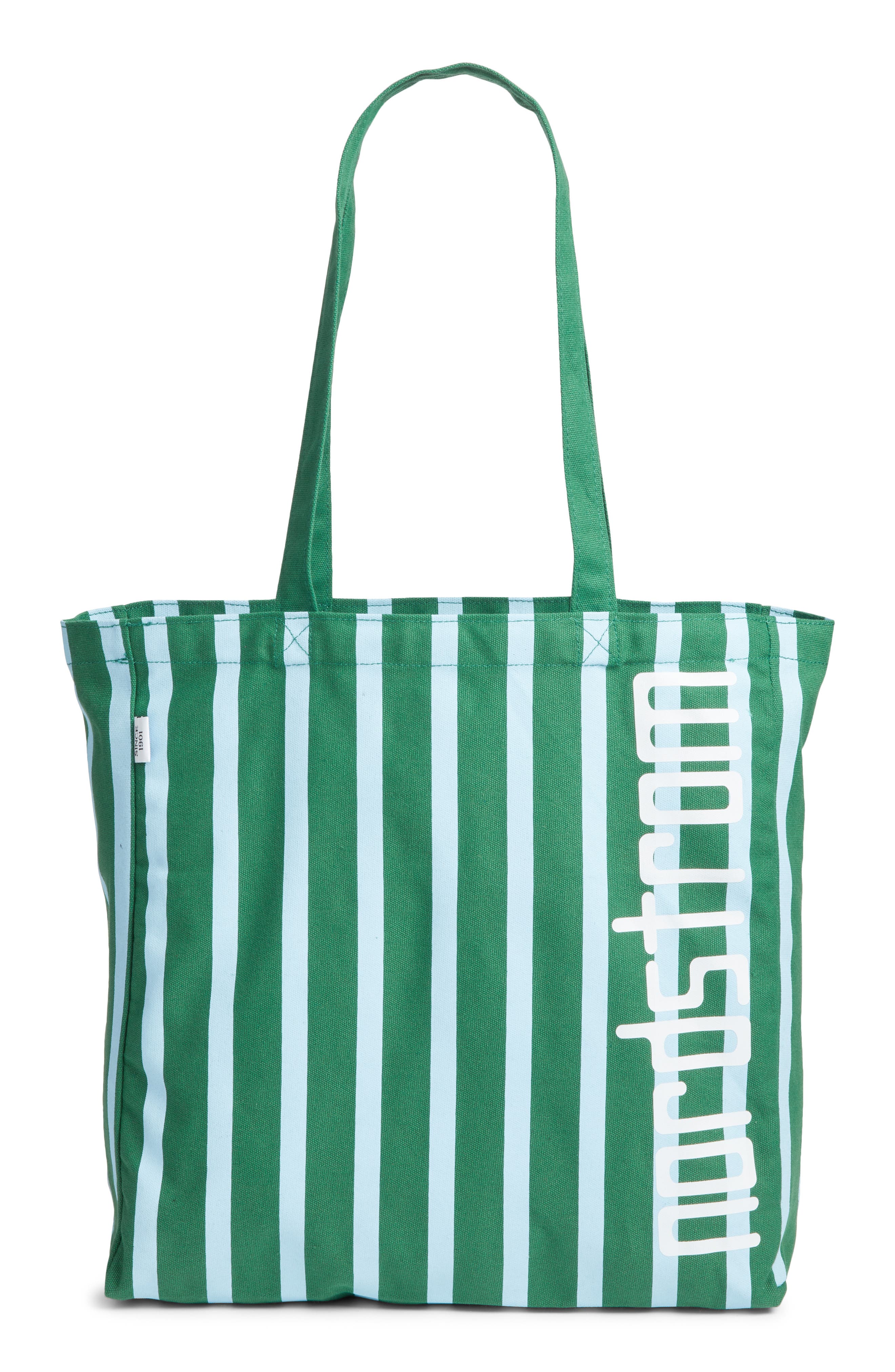 Large 125th Anniversary Tote, Main, color, GREEN- TEAL LILY STRIPE