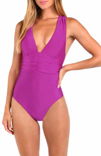 Sunshine 79 Solids Ruched Plunge One-Piece Swimsuit