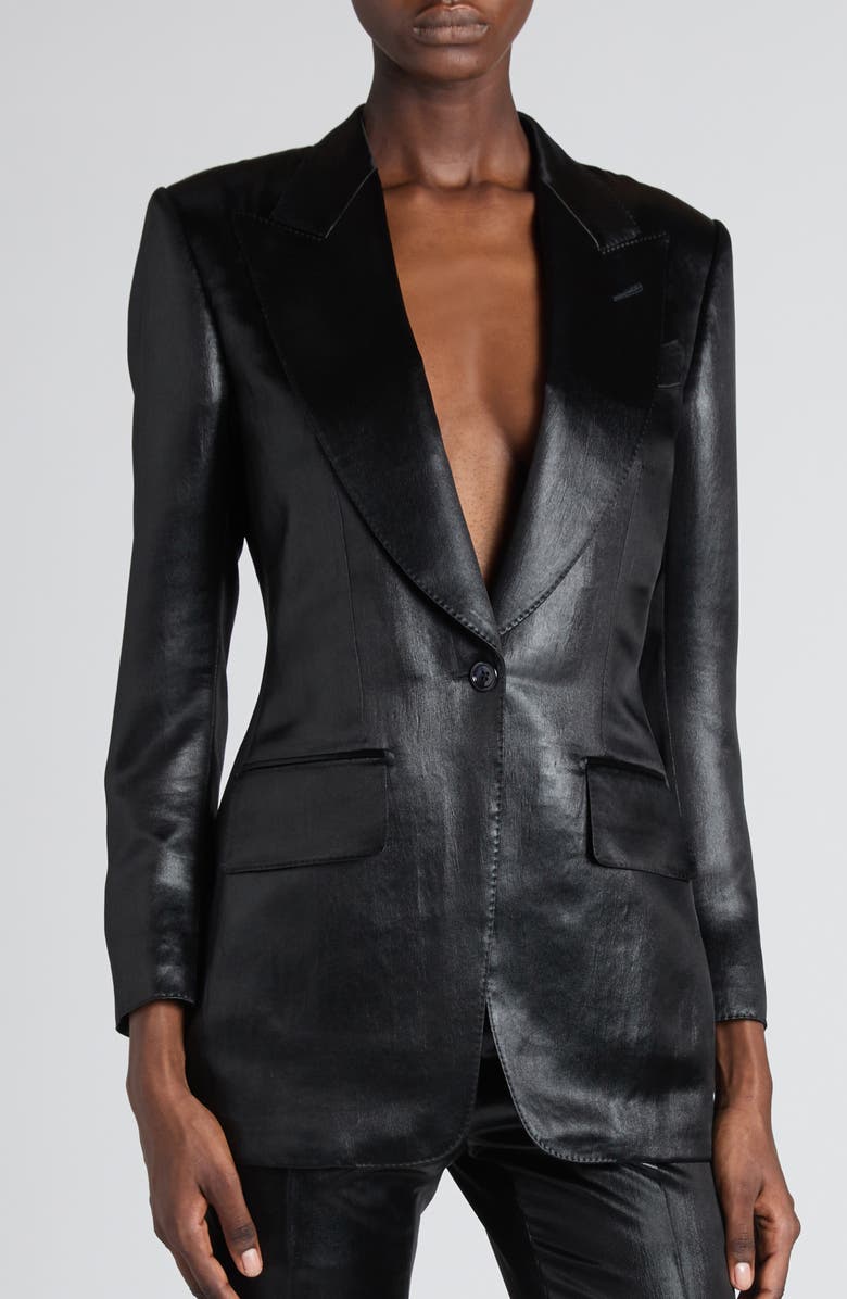 TOM FORD Bianca Single Breasted Liquid Satin Blazer, Alternate, color, Black