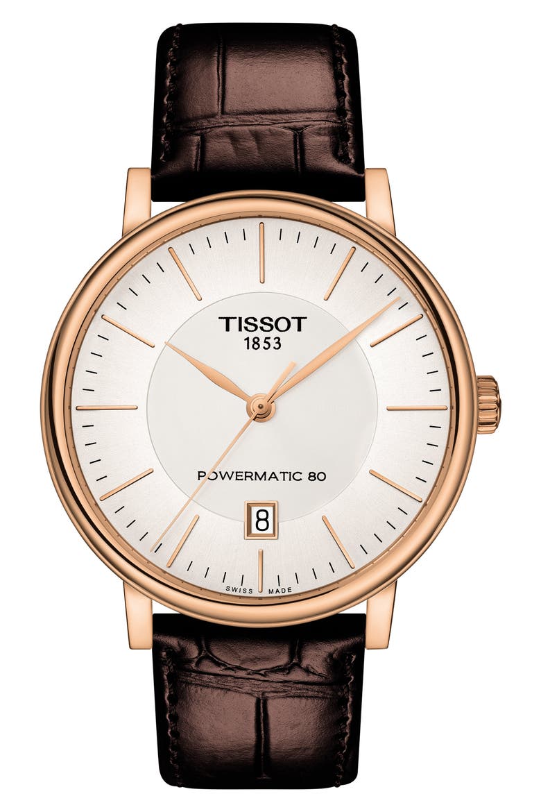 Premium Carson Powermatic 80 Leather Strap Watch, 40mm, Main, color, BROWN/ SILVER/ ROSE GOLD
