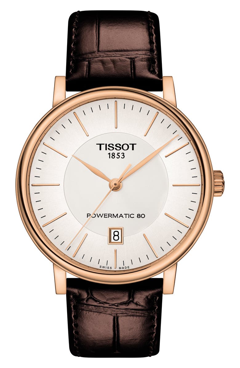 Tissot Premium Carson Powermatic 80 Leather Strap Watch, 40mm, Main, color, Brown/ Silver/ Rose Gold