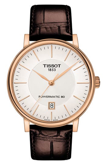 Tissot Premium Carson Powermatic 80 Leather Strap Watch, 40mm In Brown/silver/rose Gold